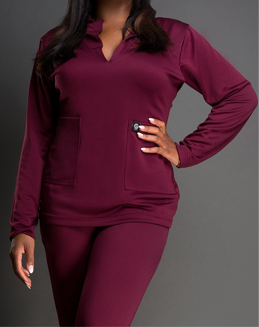 OZI Collared Scrub Top Ruby